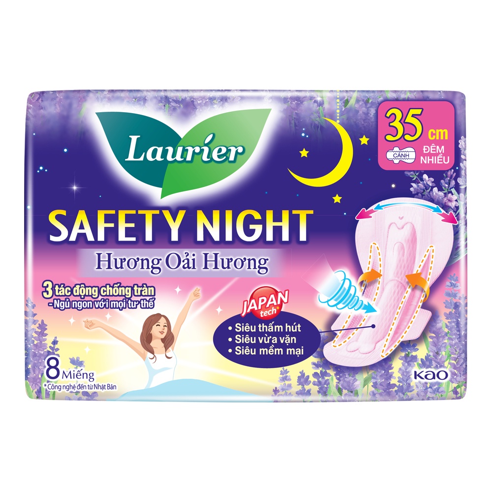 Combo 4 gói Băng vệ sinh Laurier Safety Night Đêm Siêu An Toàn 35 cm 8 miếng Hương Lavender