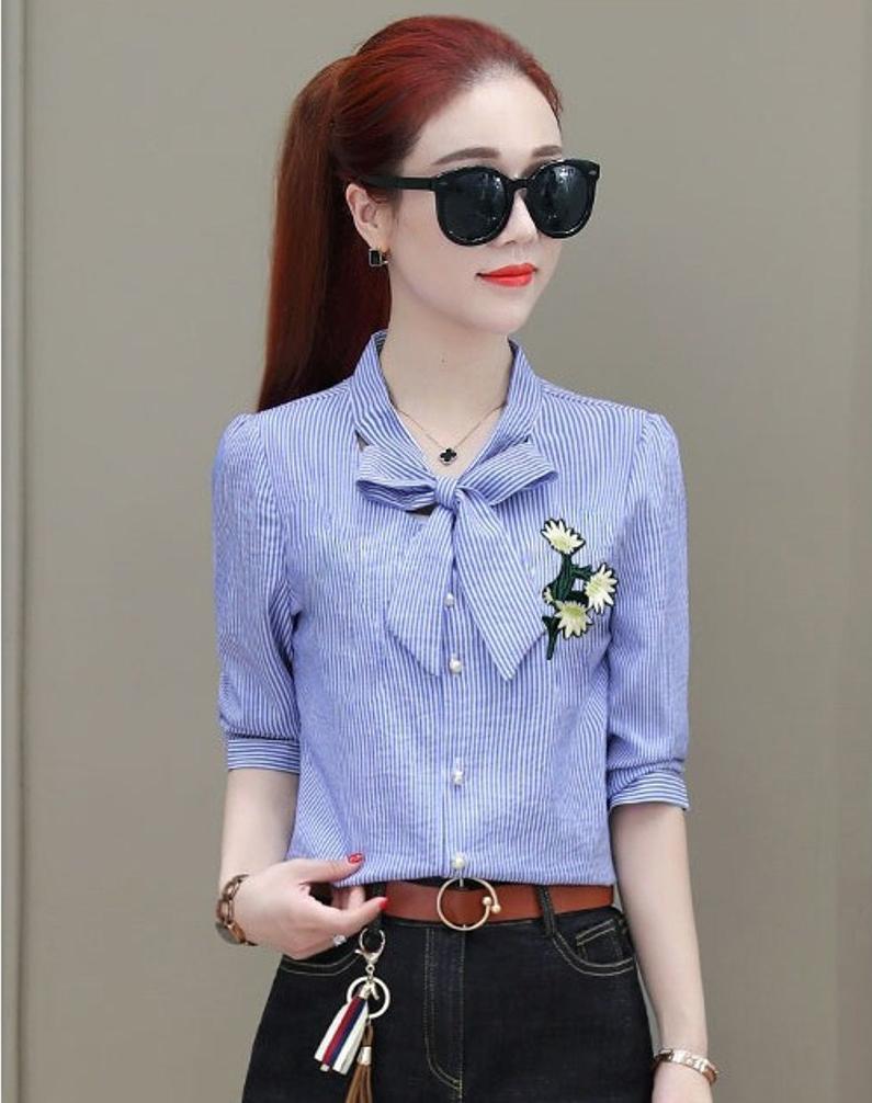 Áo Kiểu Thắt Nơ Thêu Hoa Xinh Xắn BY6321A