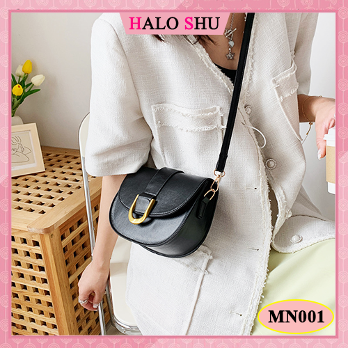 Túi xách nữ, túi đeo chéo dáng bầu da trơn móc hình móng ngựa phù hợp đi chơi Halo Shu size 18 mã MN001 đen, nâu, trắng