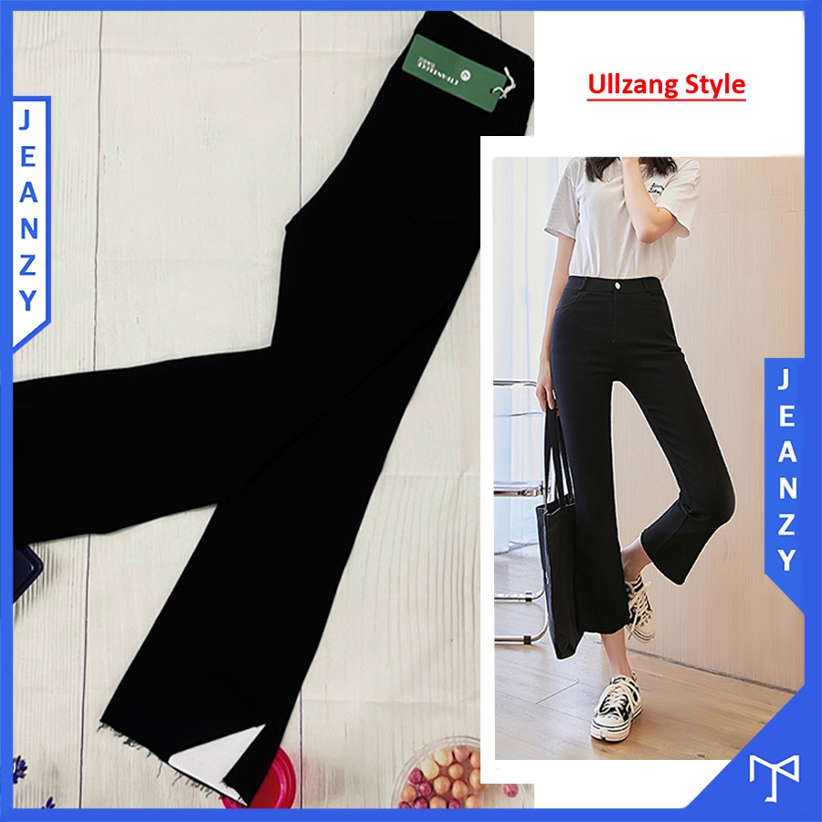 Quần jean nữ ống loe cắt ống xẻ tà màu đen phong cách Ullzang Hàn Quốc
