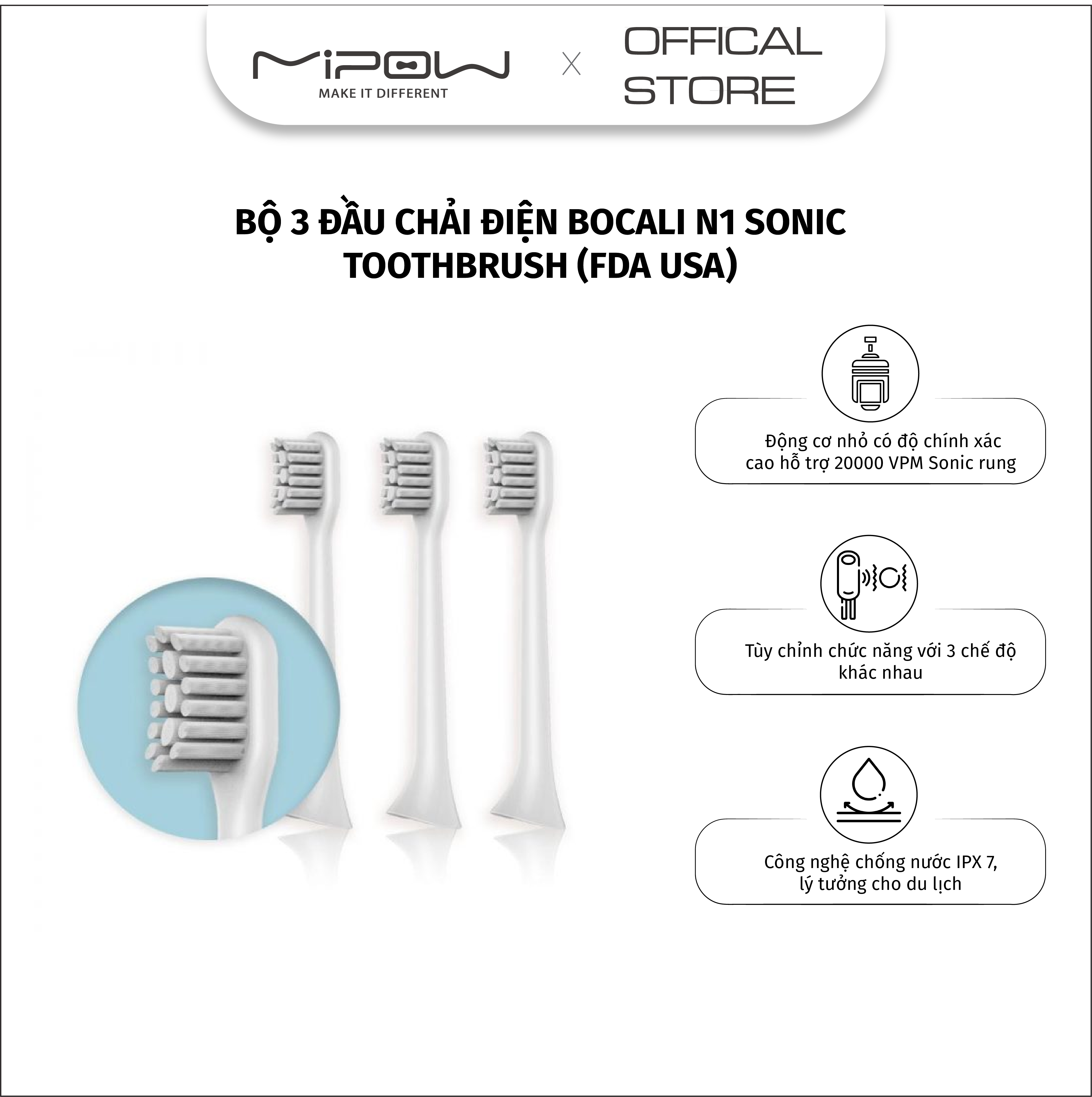 BỘ 3 ĐẦU BÀN CHẢI ĐIỆN MIPOW FDA USA - HÀNG CHÍNH HÃNG