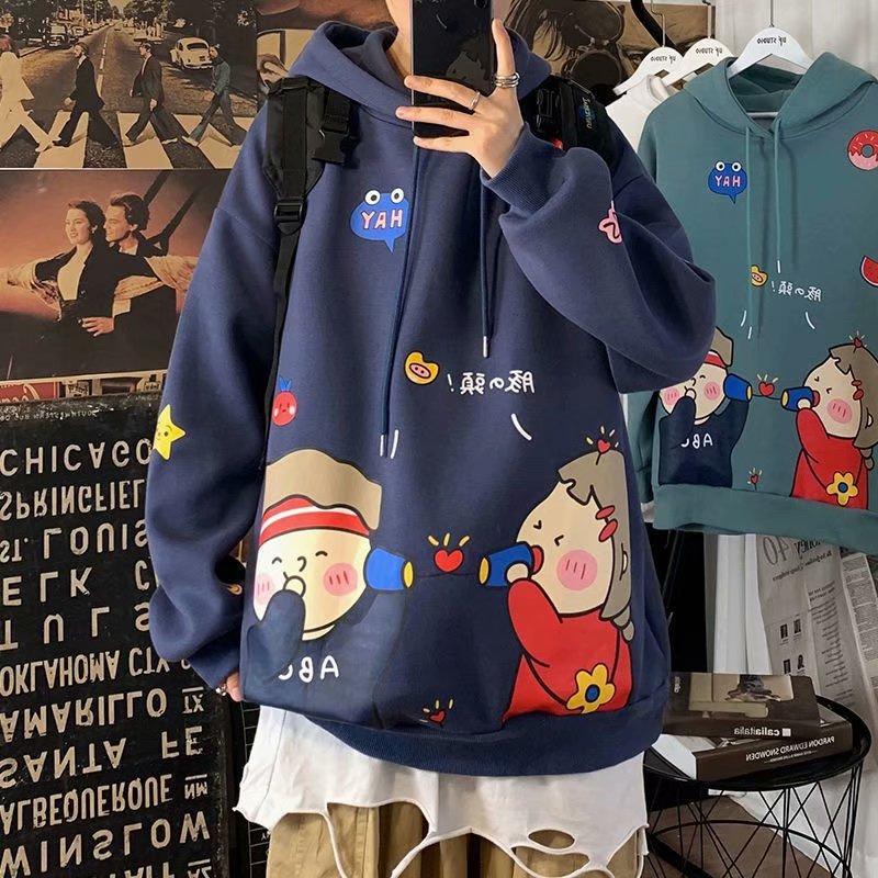 Áo hoodie tay dài dáng rộng in hình hoạt hình gồm 4 màu sắc