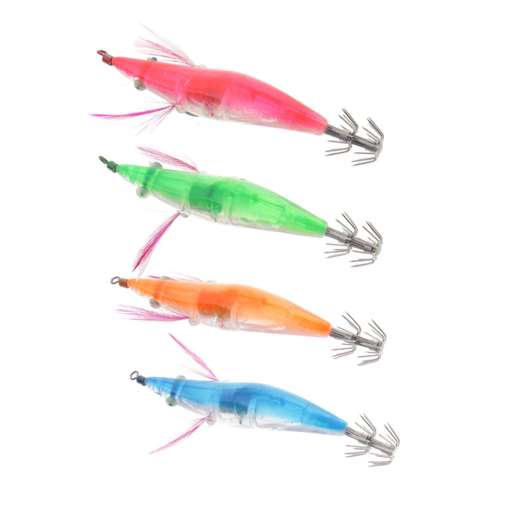4pcs Glow In Dark Squid Jig Hooks Shrimp Fishing Lures With Luminous Hook