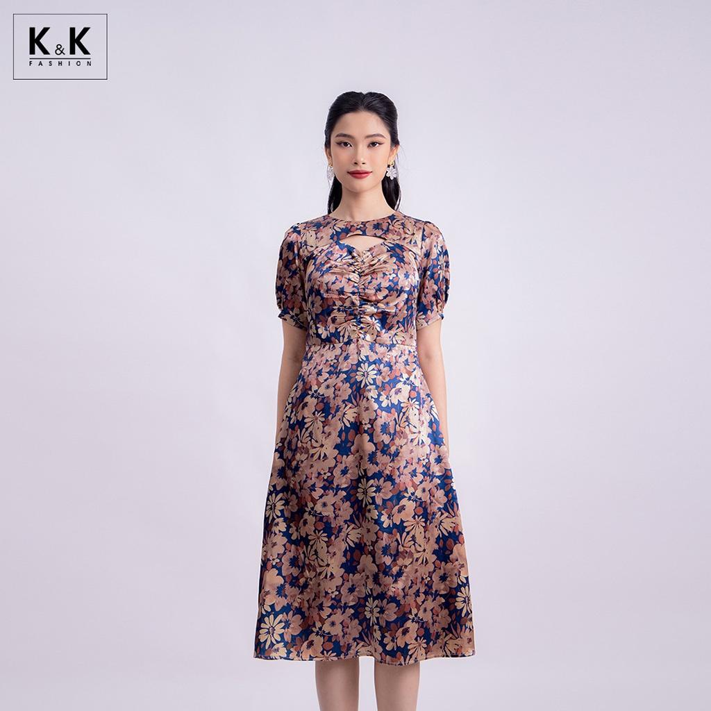 Đầm Hoa Midi Dáng Xòe Nhún Ngực K&amp;K Fashion KK120-32 Chất Liệu Lụa