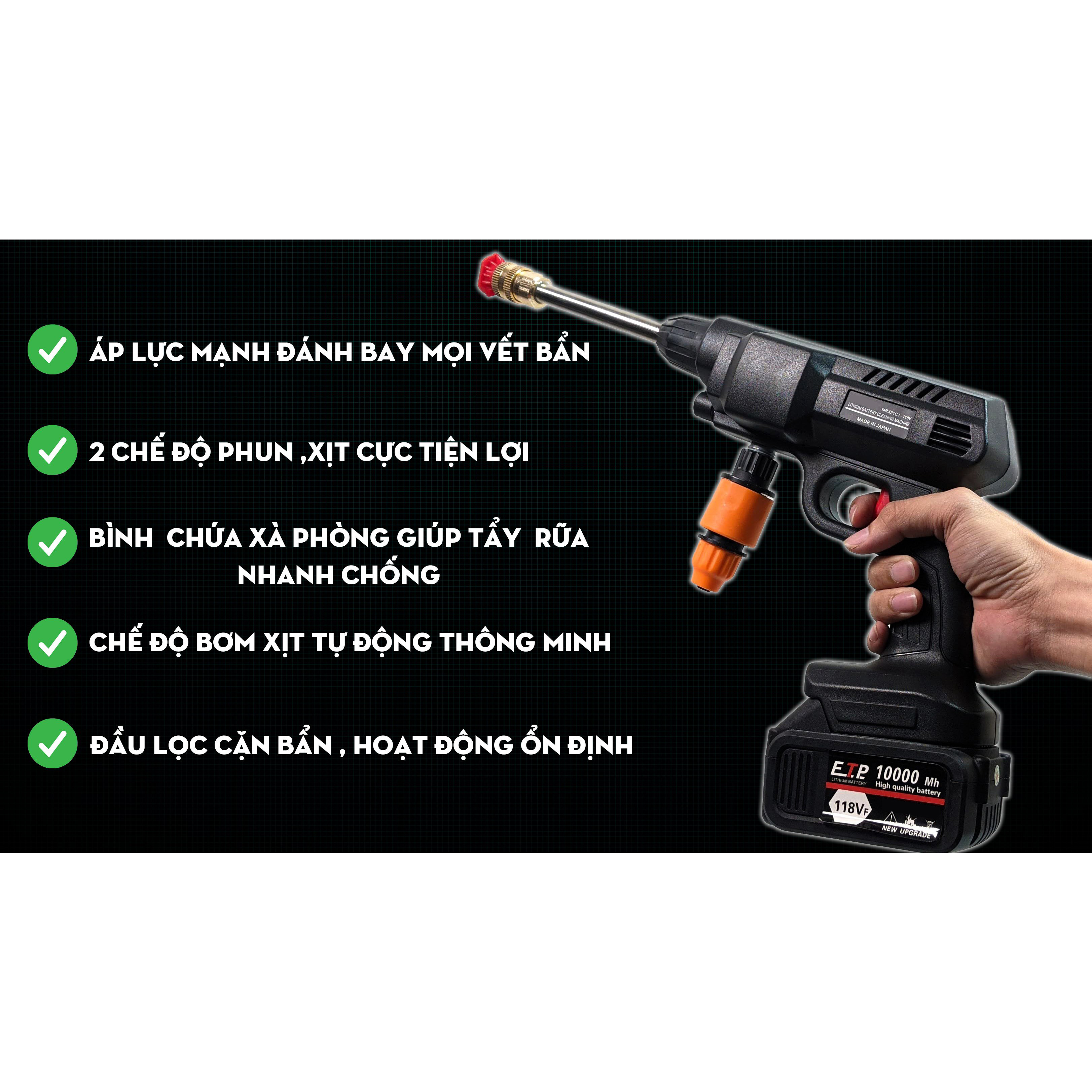 Máy rửa xe cầm tay dùng pin Hitachi 118V - Áp lực mạnh mẽ, pin sạc bền bỉ - Đa chức năng, dễ sử dụng - 3 chế độ phun rửa - Chuyên sử dụng vệ sinh ô tô, xe máy, vật dụng gia đình, tưới hoa màu - Hàng nhập khẩu