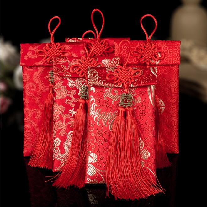 Phong Bì Đỏ Thổ Cẩm thêu Hoa vải gấm Song Hỷ Cưới Hỏi-Nạp tài,Quà tặng năm mới.