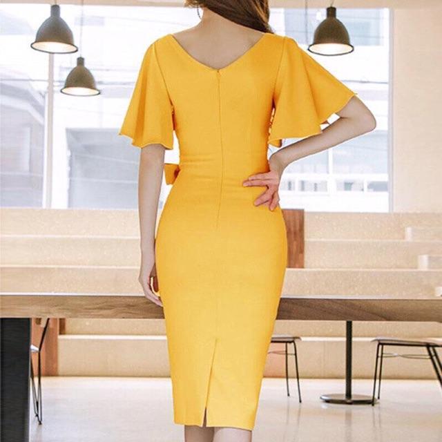 Đầm body cổ V đắp dây nơ eo S.MLXL