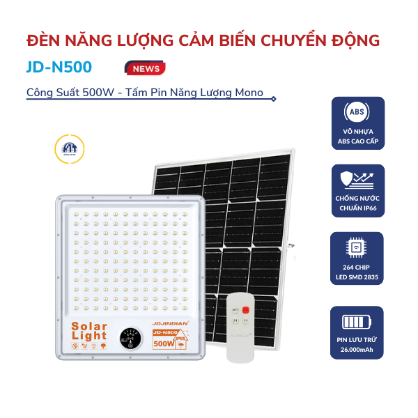 Đèn cảm biến chuyển động năng lượng mặt trời 500w Jindian JD-N500