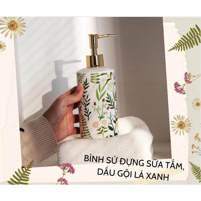 Bình sứ đựng nước rửa tay, sữa tắm, dầu gội Lá xanh