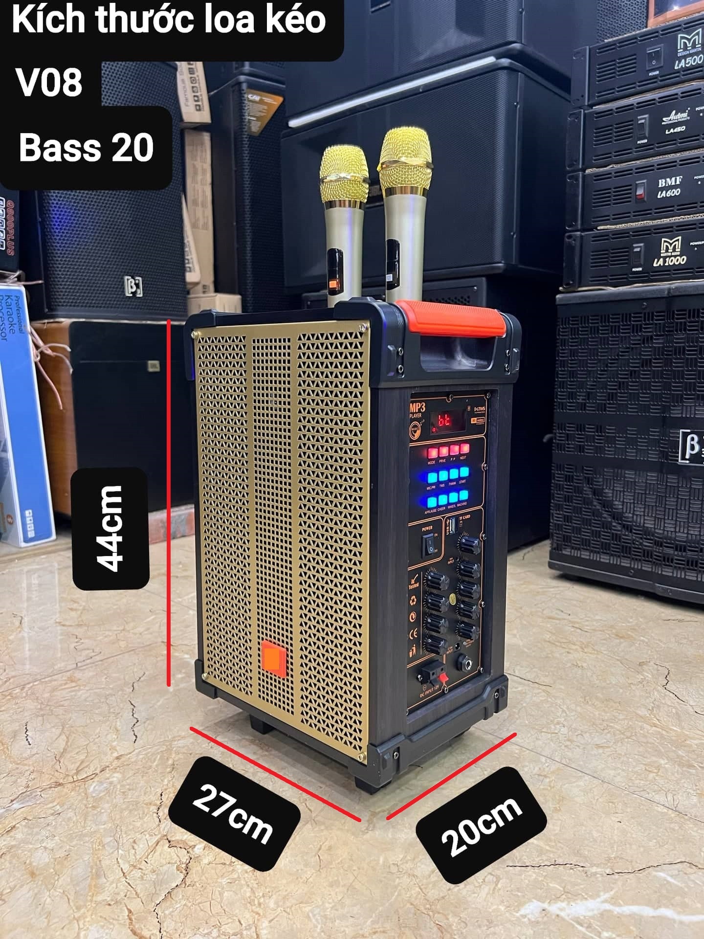 Loa kéo Karaoke Bluetooth V08: Bass 20, Có 2 Micro không dây đi kèm