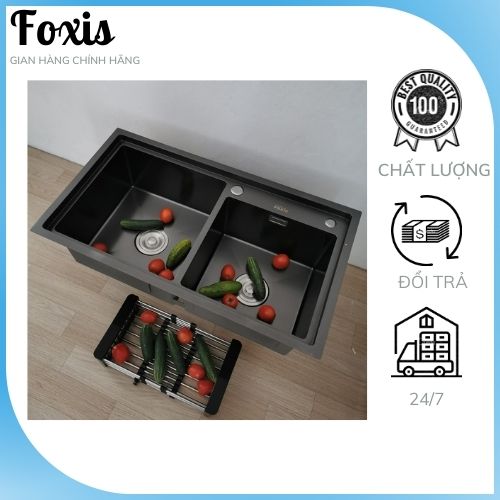 Chậu rửa chén bát sus 304 FOXIS 8045ND, công nghệ nano chống bám dính, trầy xước màu đen ( Gồm xipphong thoát nước, rổ nhựa đi kèm)