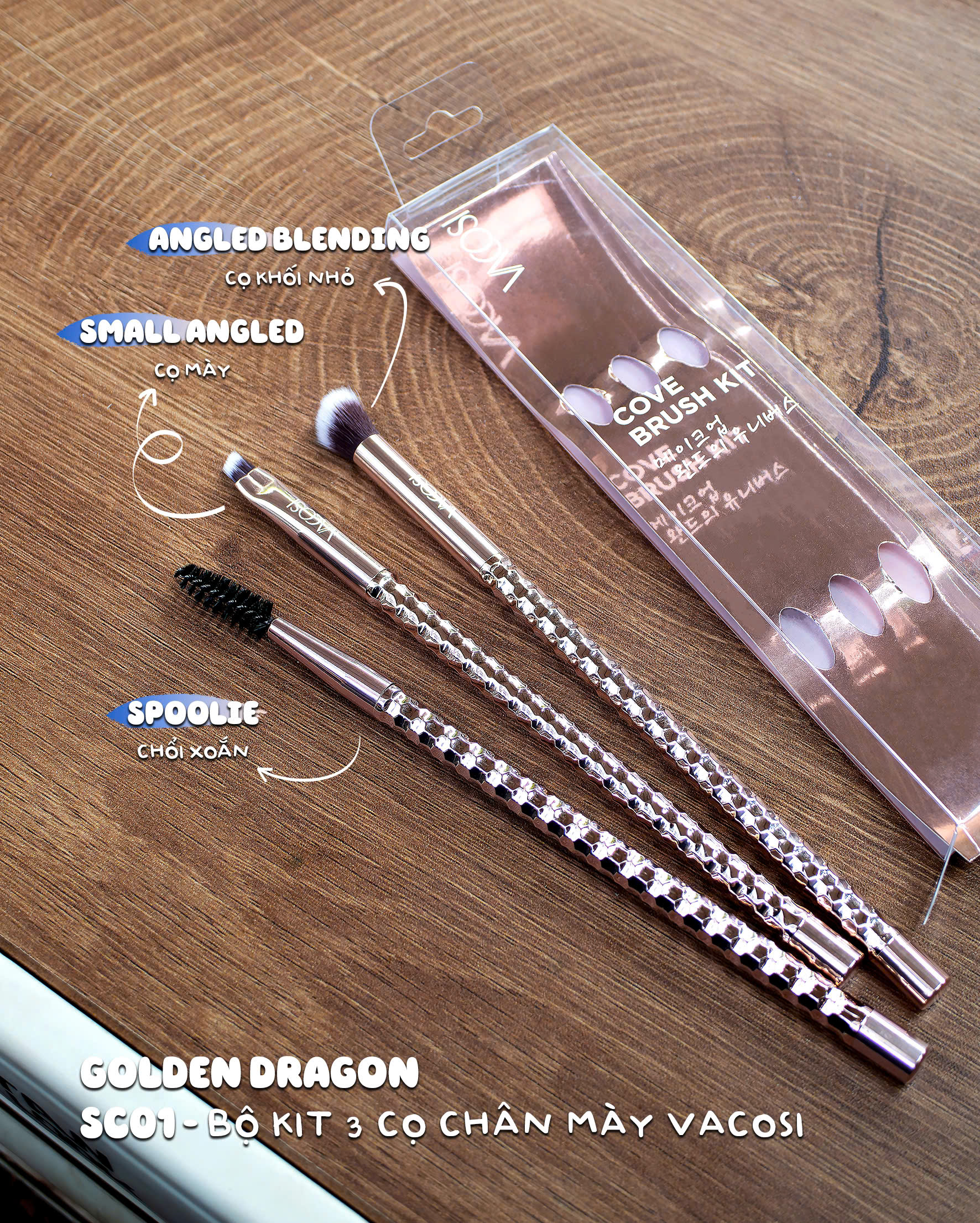 SC01 - BỘ KIT 3 CỌ CHÂN MÀY VACOSI, PHIÊN BẢN GOLDEN DRAGON - VACOSI COVE THE BROWS BRUSH KIT, 3PCS