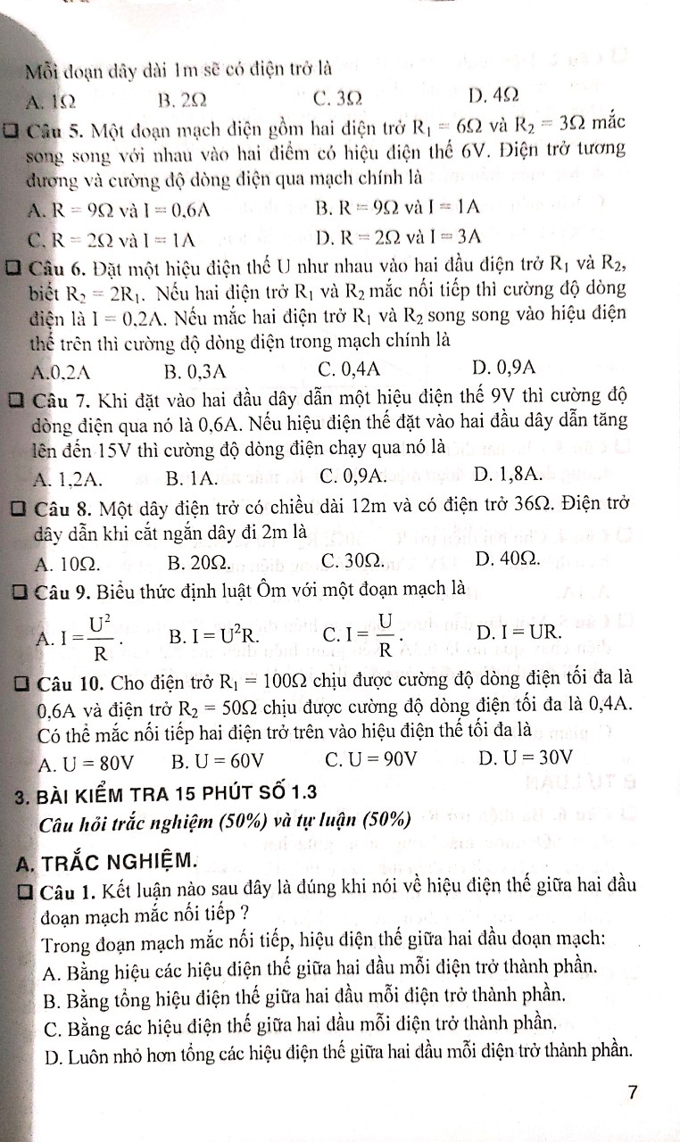 Đề kiểm tra Vật Lí 9 - 15 phút - 1 tiết - Học kì