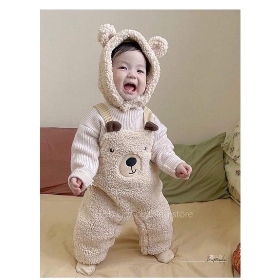 Set body yếm lông gấu rời kèm áo len tay dài kèm mũ lông tai gấu cho bé trai và bé gái - yếm thu đông ấm- áo quần trẻ em
