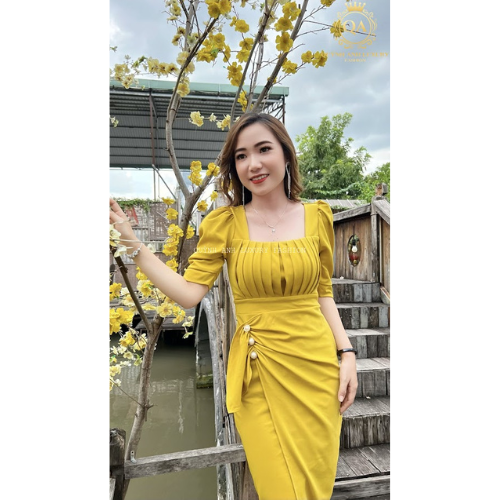 Đầm Ôm Body Xếp Ly Vàng Tinh Tế Tay Phồng Kết Ngọc Trai Mei Dress