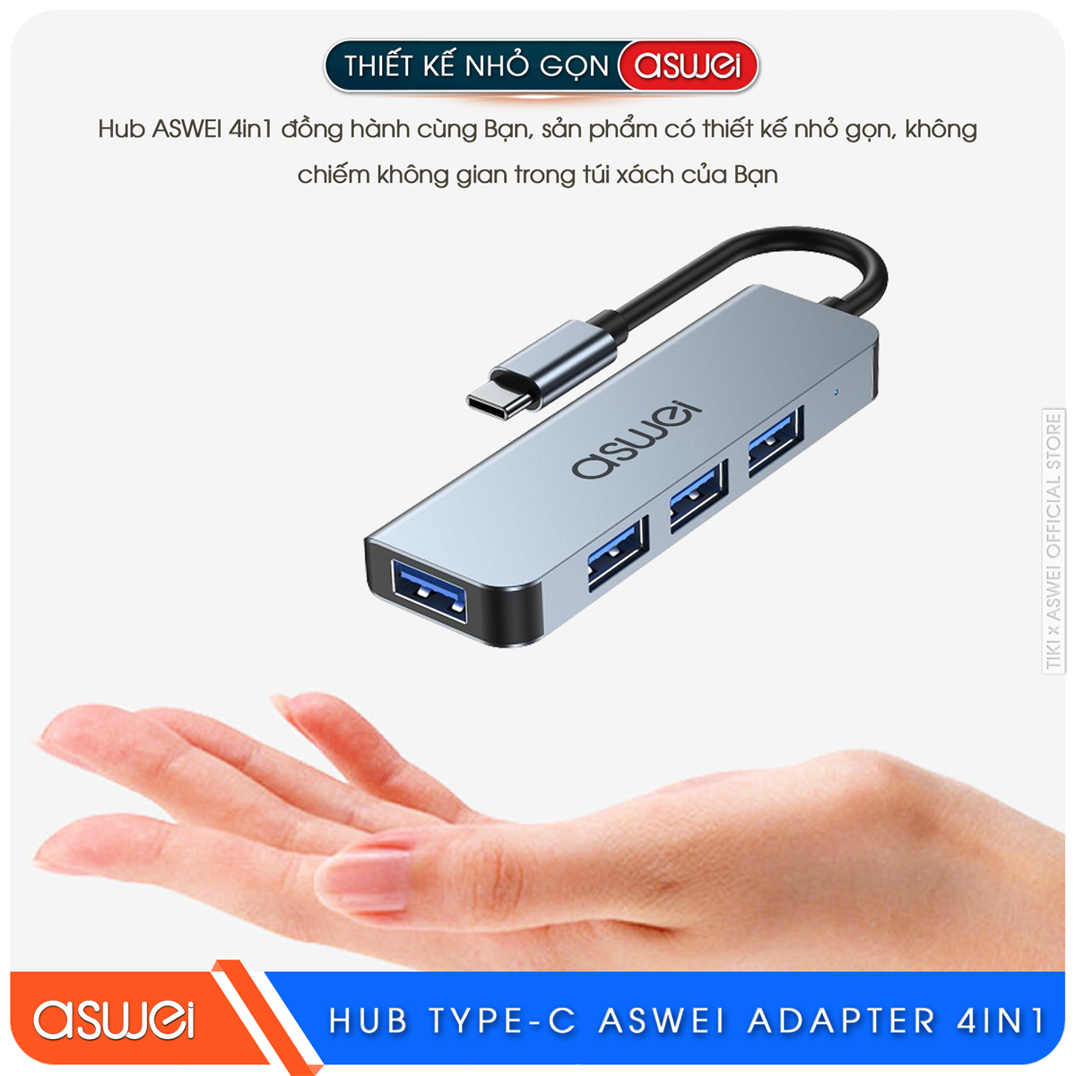 Hub Type C Và Hub USB 3.0 ASWEI 4 in 1 To 4 USB 3.0 - Hàng Chính Hãng