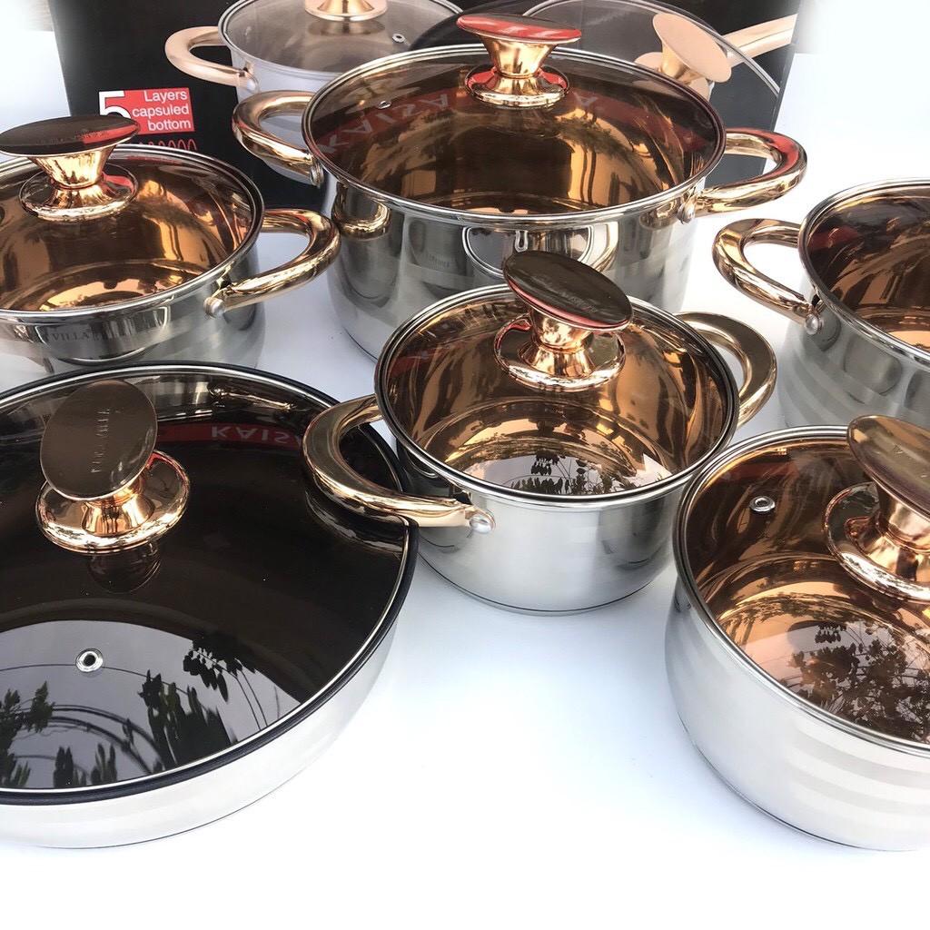 BỘ NỒI VÀ CHẢO 6 MÓN 12 CHI TIẾT công nghệ Đức aquadew 9 đáy inox 304