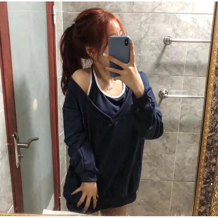 Áo Ulzzang Form Rộng, Áo Trễ Vai, 2 Món - Áo Cổ Chữ V Kèm Croptop Chất Nỉ Da Cá Phong Cách Hàn Quốc