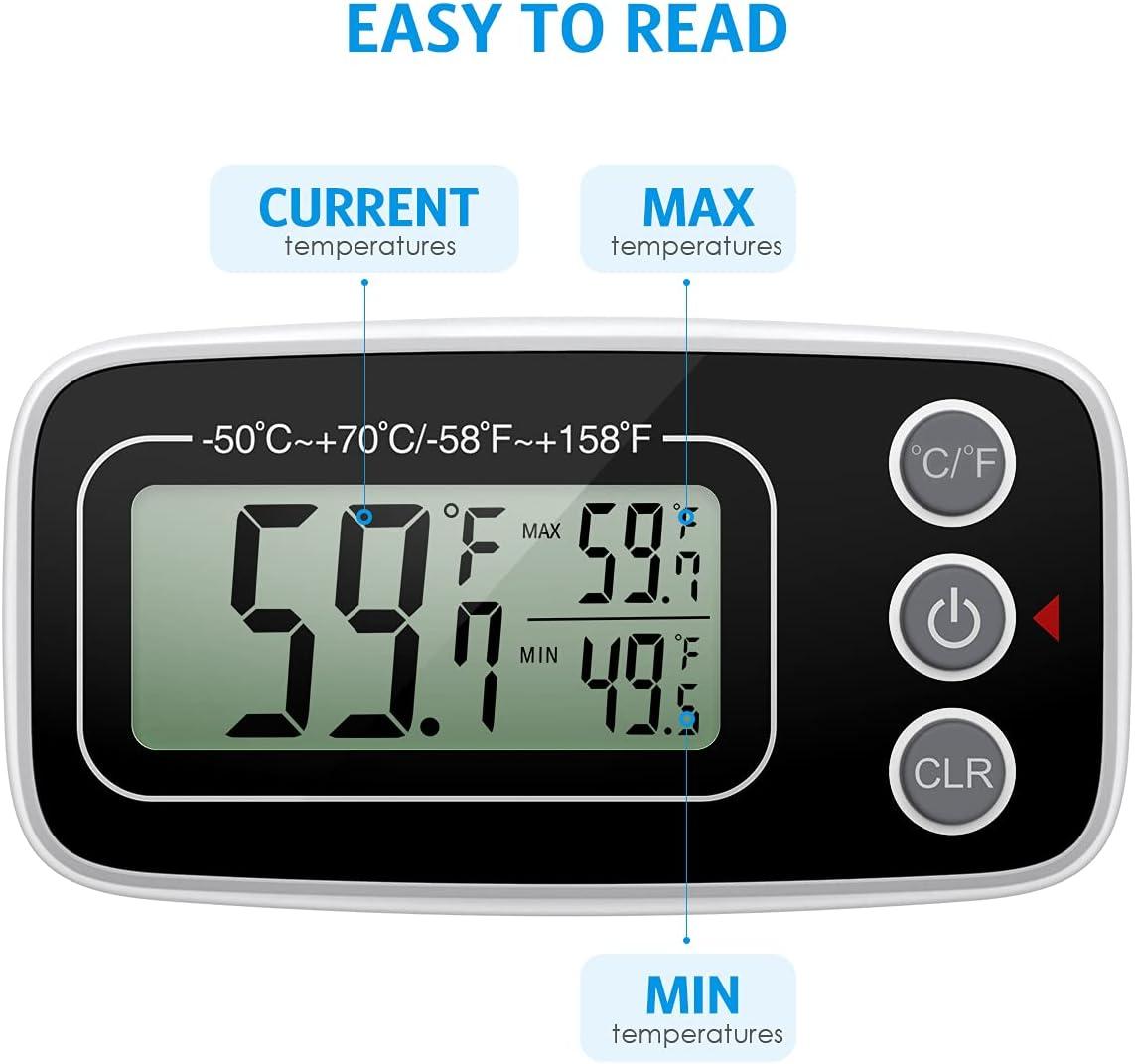 Tủ lạnh thermometre, tủ lạnh kỹ thuật số mini Tủ đông nhiệt kế, khoảng cách nhiệt độ -50 đến 70 ° C với móc, ghi tối đa /phút, màn hình LCD, chuyển đổi ℃ /℉