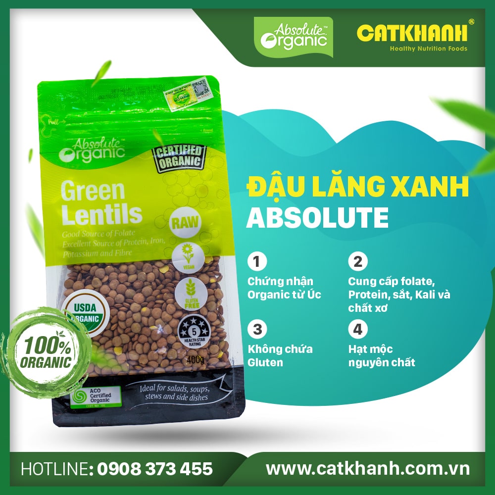 Đậu lăng xanh Green Lentils Absolute Organic  túi 400g