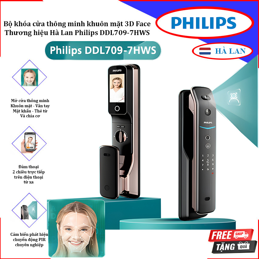 Bộ khóa cửa thông minh khuôn mặt 3D Face, vân tay, thẻ từ, mật khẩu và chìa cơ. Thương hiệu Hà Lan cao cấp Philips DDL709-7HWS. Hàng chính hãng