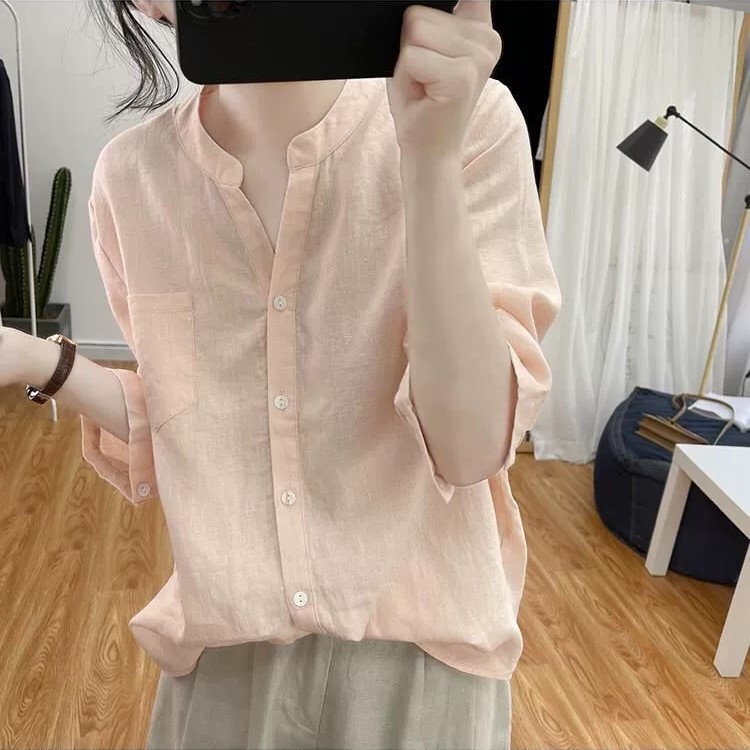 Áo sơ mi nữ cổ trụ tàu , tay lỡ vải đũi mềm form chuẩn phong cách hàn quốc cao cấp Đũi Việt