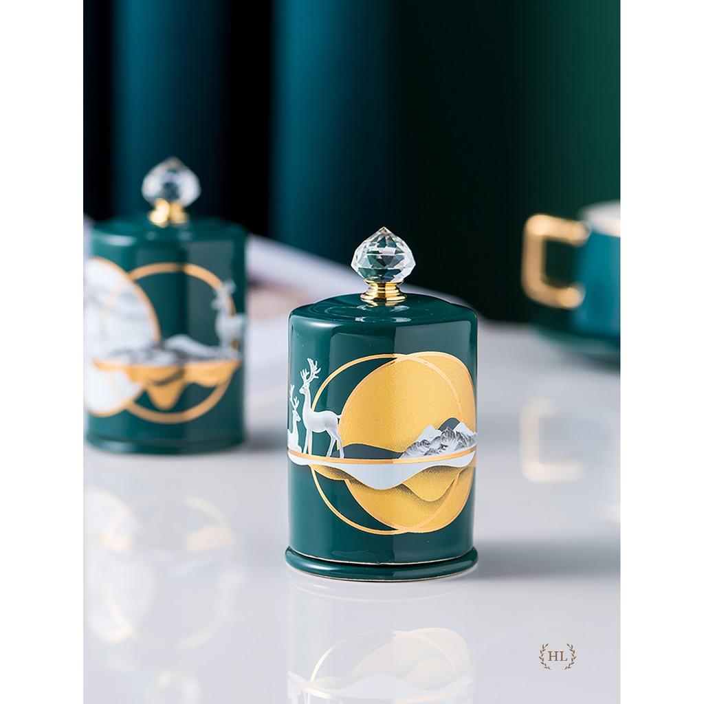 Lọ Đựng Tăm Xanh Sứ Hoa Văn Hươu Cao Cấp Vàng Kim | Hũ sứ có nắp đậy đính đá size To