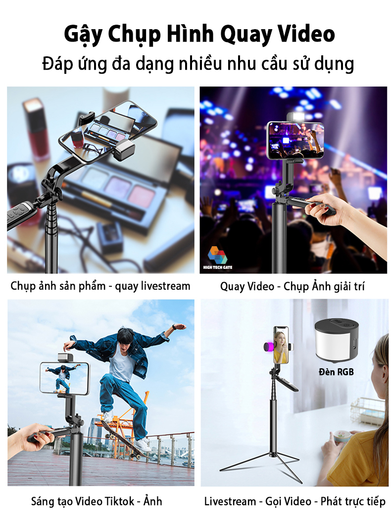 Gậy Chụp Hình HighTechGate MP18 Có Tay Cầm Quay Video 360º Ổn Định Cân Bằng, Phiên Bản Kim Loại Cứng Cáp Bền Bỉ, Điều Khiển Bluetooth Từ Xa Cho App Tiktok Thế Hệ Mới Có Thể Sạc Lại, Tích Hợp 2 Đèn Trợ Sáng Đa Màu Sắc, Hàng Chính Hãng