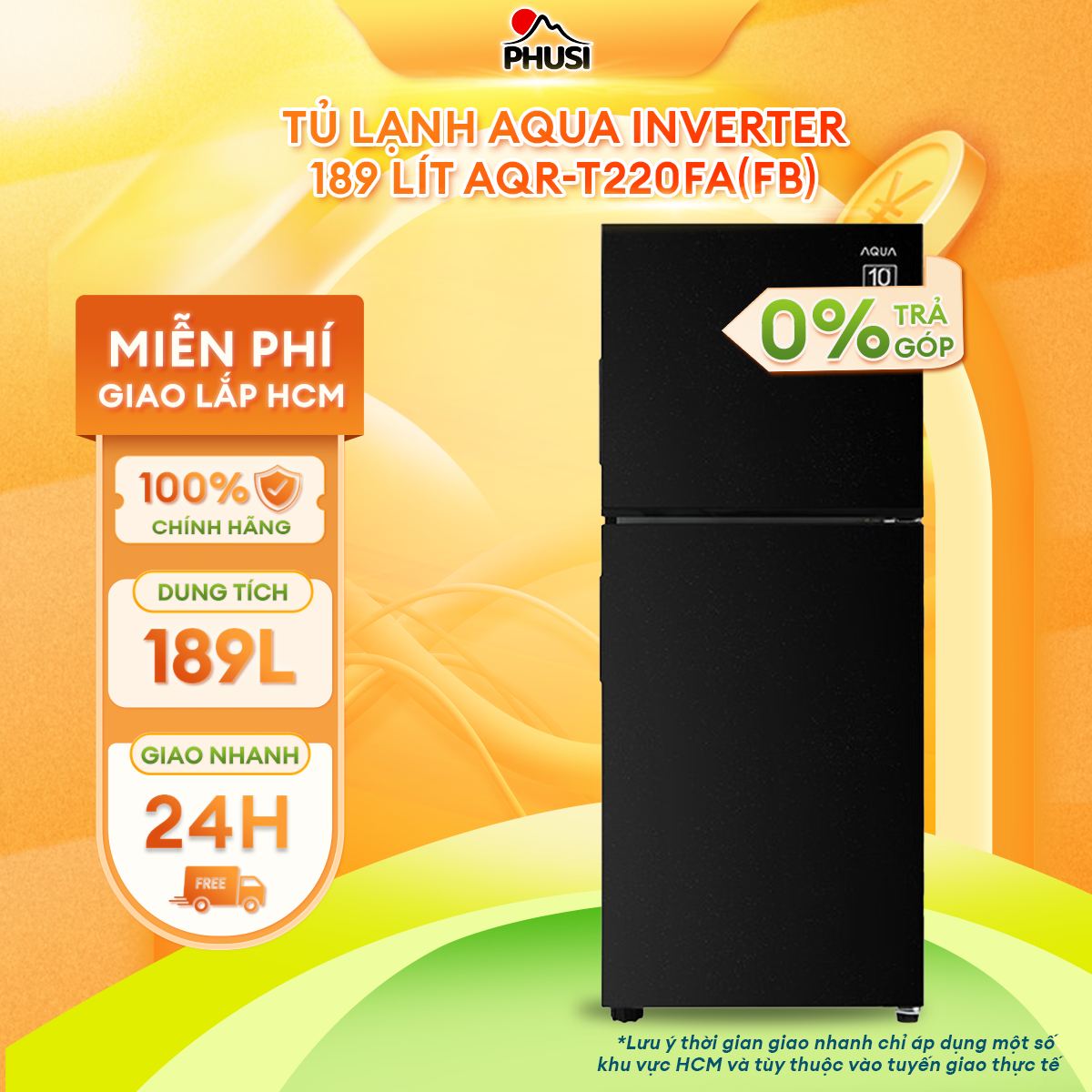 Tủ lạnh Aqua Inverter 189 lít AQR-T220FA(FB)  - Hàng Chính Hãng - Chỉ Giao HCM
