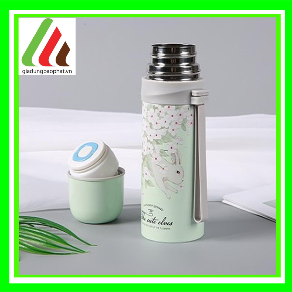 Bình giữ nhiệt the cute elves 500ml inox 2 lớp chân không cách nhiệt in hình dễ thương có dây xách tiện lợi