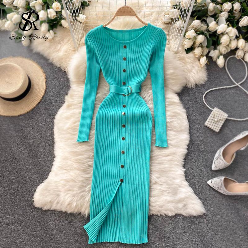 SINGREINY Nữ Thun Đầm Dệt Kim Tay Dài Cổ Tròn Nút Dây Mỏng Vỏ Áo Thu Gợi Cảm Bodycon Chia Đầm Ngắn