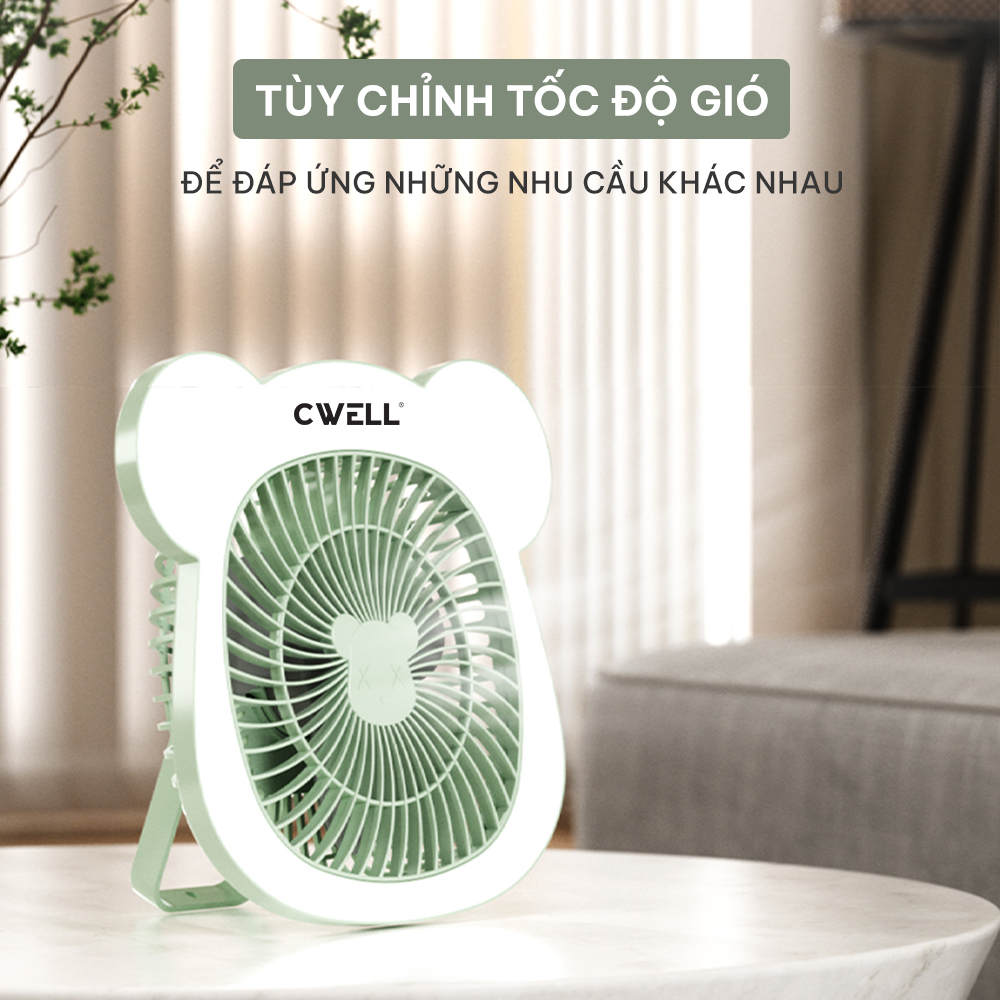 Quạt mini để bàn, quạt tích điện 3 tốc độ CWELL kèm dải 25 đèn Led, có móc treo - Tặng cáp sạc USB