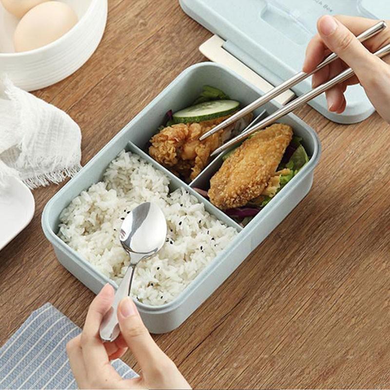 Hộp Đựng Cơm Lúa Mạch 3 Ngăn Kèm Thìa Đũa Inox Tiện Dụng