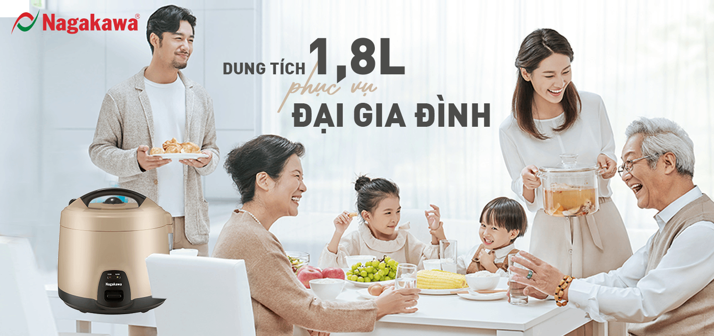 Nồi cơm điện cơ Nagakawa NAG0145 (1,8L - 900W) - Lòng nồi dạng niêu, hợp kim nhôm -  Bảo hành 1 năm - Hàng chính hãng