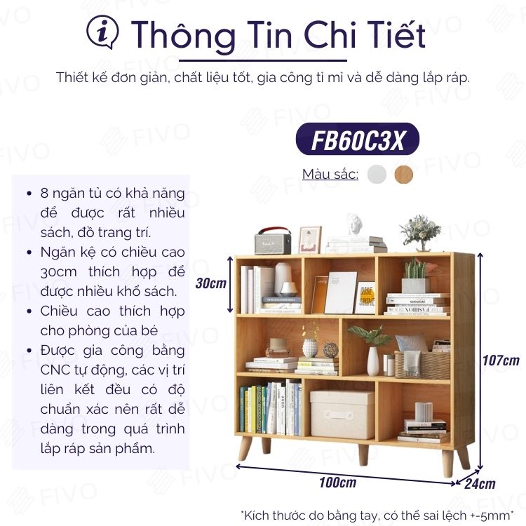 Tủ Sách Gỗ MDF FIVO FB60C3X (100 x 24 x 107cm) Thiết Kế Hiện Đại (Có Kèm Tấm Lưng) - Hàng Chính Hãng