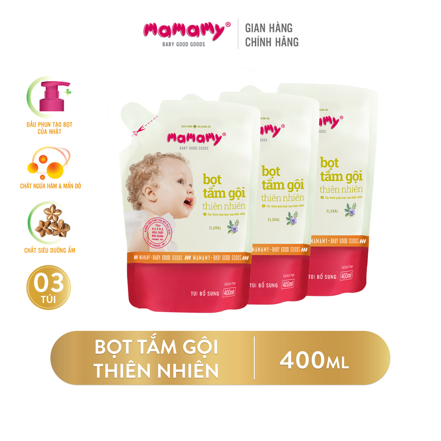 Combo 3 Túi bổ sung Bọt tắm gội thiên nhiên Mamamy 400ml/túi