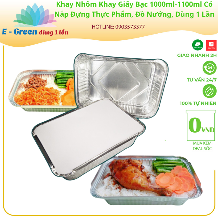 Combo 100-200 Khay Nhôm, Khay Giấy Bạc 1 Ngăn 1000ml-1100ml Có Nắp, Đựng Thực Phẩm, Đồ Nướng,Tiện Lợi - Egreen dùng 1 lần