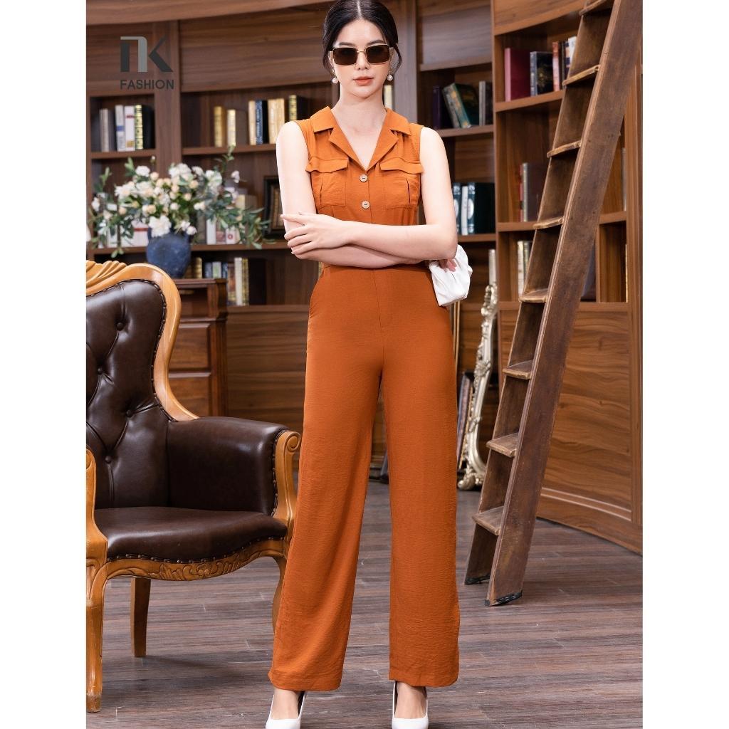 Bộ Jumpsuit Nữ NK Fashion Dáng Dài Áo Cổ Vê Sát Nách, Quần Ống Rộng Tôn Dáng NKBD2204019