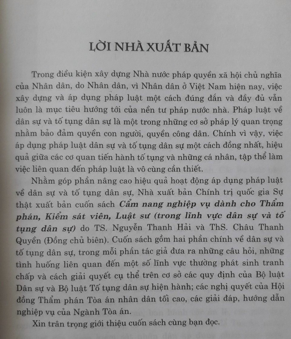 Cẩm Nang Nghiệp Vụ Dành Cho Thẩm Phán, Kiểm Sát Viên, Luật Sư ( Trong lĩnh vực dân sự và tố tụng dân sự)