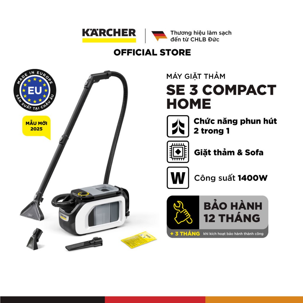 (Sản xuất châu Âu) Máy giặt thảm và sofa Karcher SE 3 Compact Home - Công suất 500W - Làm sạch thảm, sofa nhanh chóng - Hàng Chính Hãng