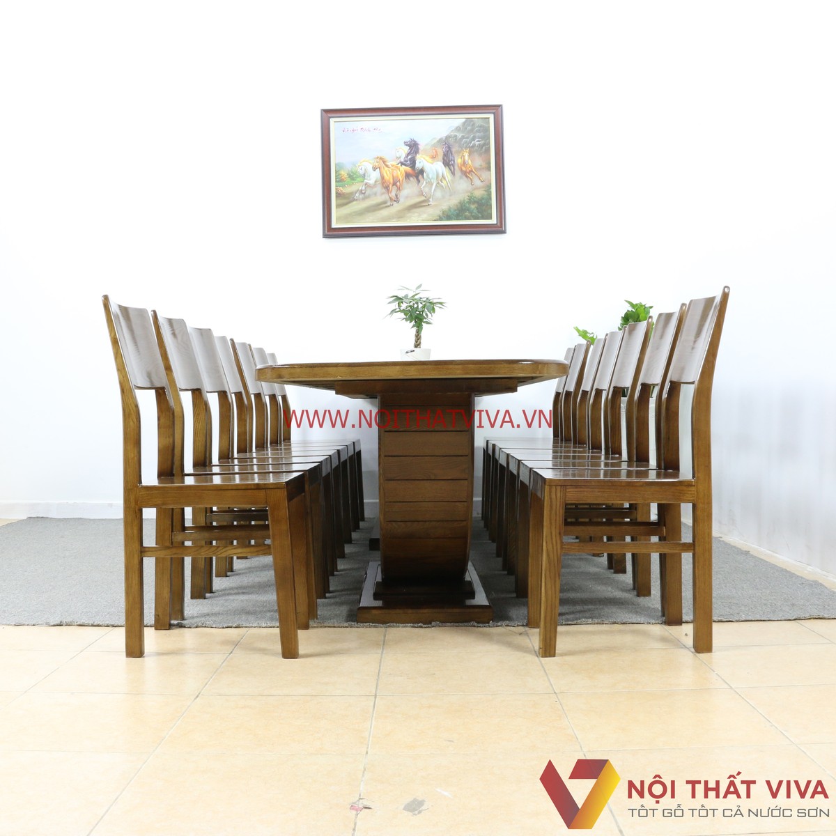 Bộ Bàn Ăn 14 Ghế Gỗ Sồi Nga Sơn Màu Óc Chó Sang Trọng Tinh Tế