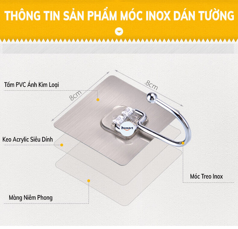 Móc Dán Tường Treo Đồ Nặng INOX 8KG Siêu Dính Chịu Lực Trang Trí Decor Tường