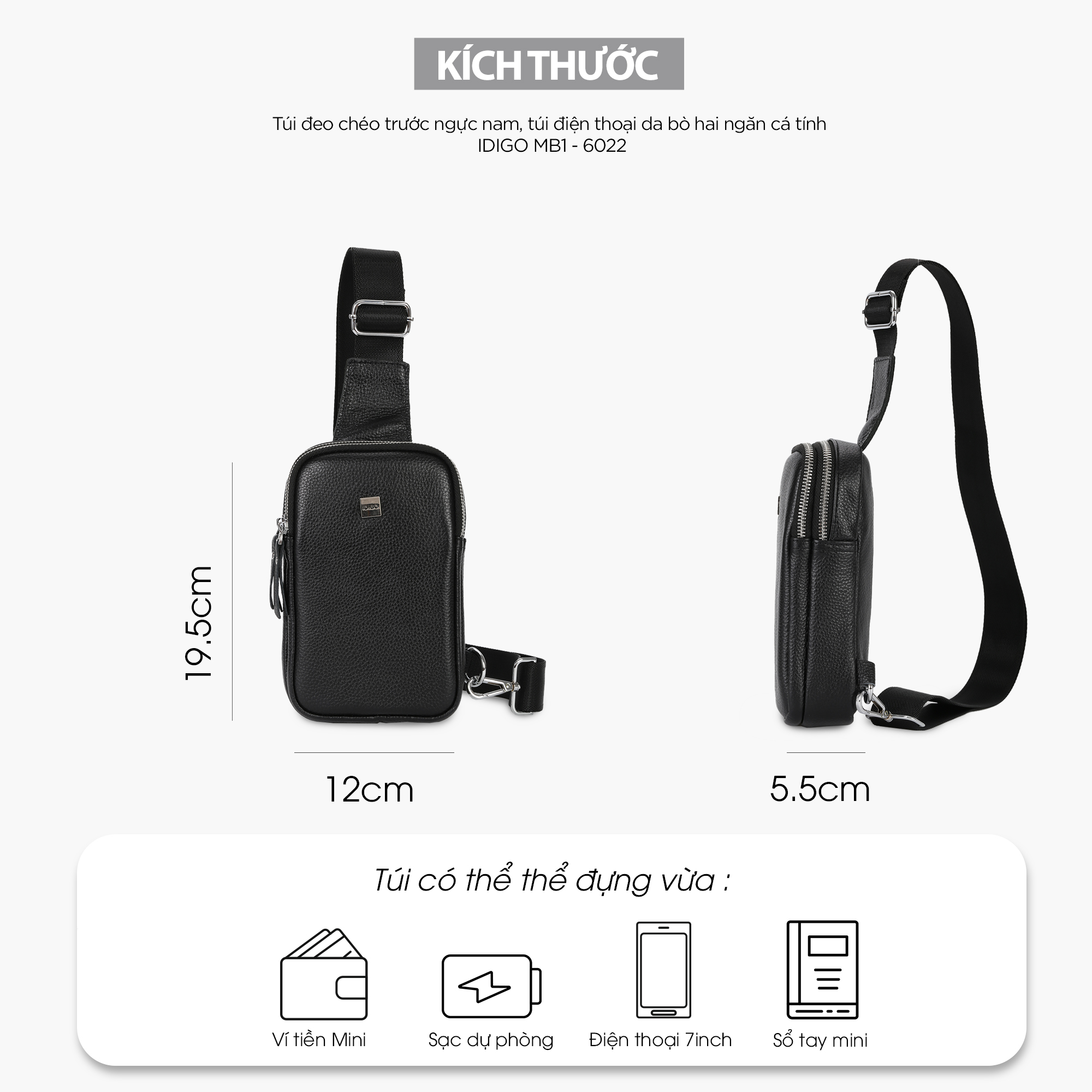 Túi đeo chéo trước ngực nam nữ, túi điện thoại da bò hai ngăn cá tính IDIGO MB1 - 6022