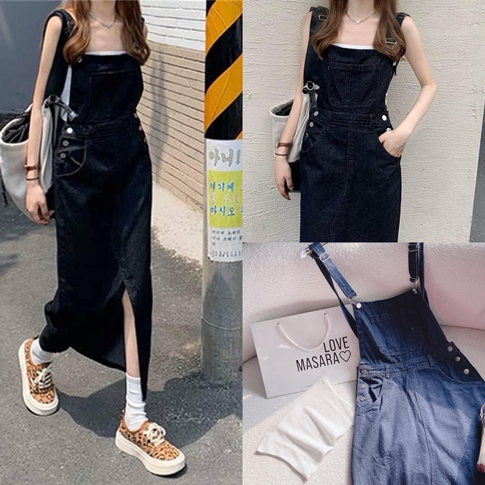 SET ĐẦM YẾM DÀI MIDI DÂY CỔ U XẺ TÀ JEANS DENIM SUÔNG TRƠN XẺ ĐÙI+ ÁO ỐNG TRẮNG DẠO PHỐ ĐI TIỆC ĐI BIỂN ĐI CHƠI YẾM DÂY CỔ