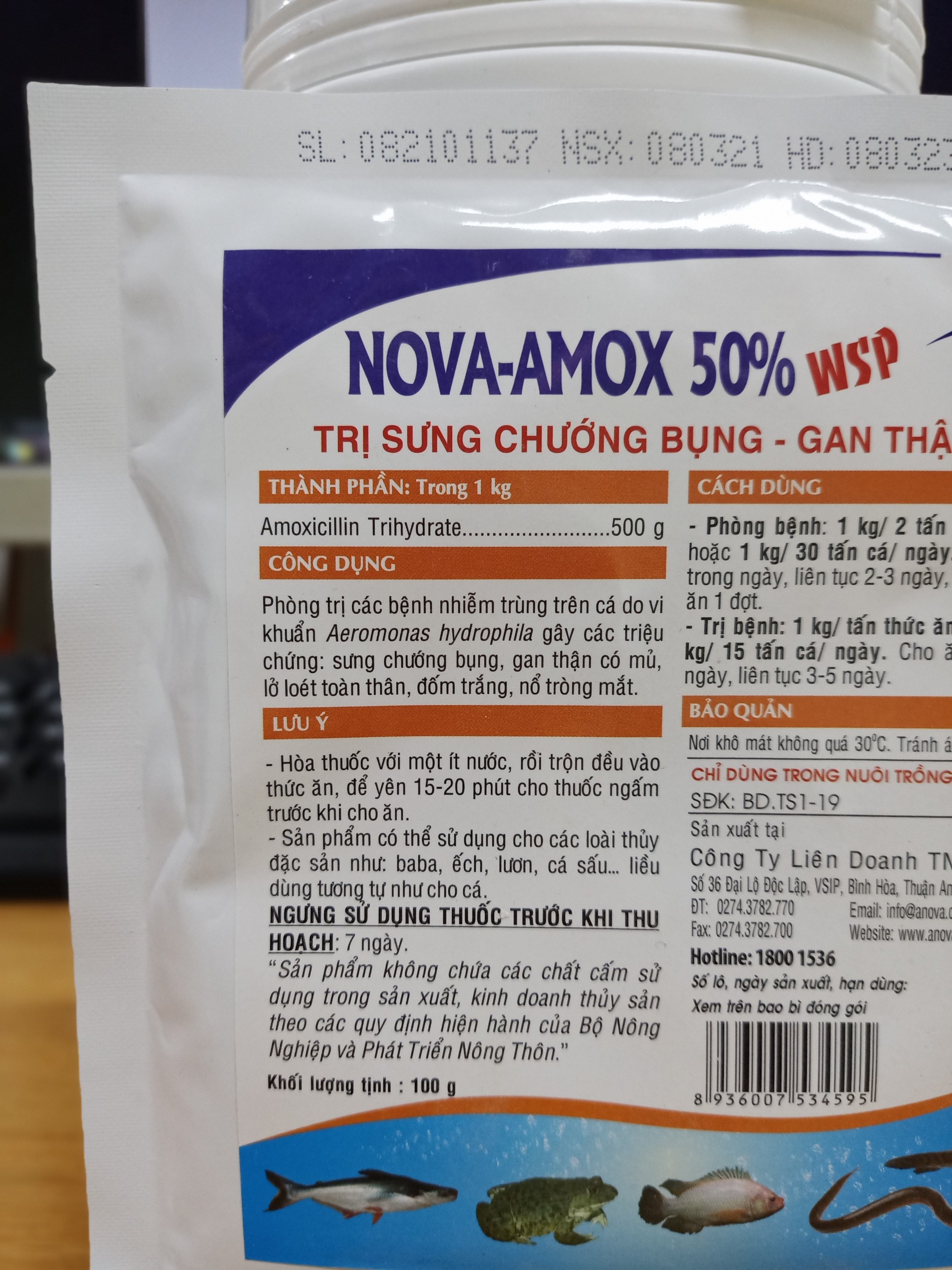 Nova Amox 50% WSP Sưng Chướng Bụng, Gan Thận Mủ, Đốm Trắng, Nổ Tròng Mắt Ở Cá, Ếch, Lươn (Gói 100g)