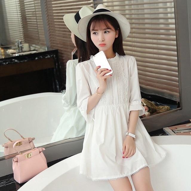 Đầm váy babydoll trắng tay nơ