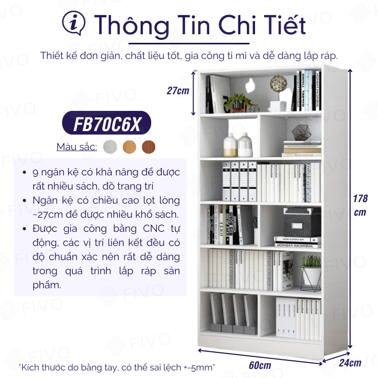 Kệ Sách Gỗ Đứng Chất Liệu MDF FIVO FB70 (60 x 24 x 179cm) Lắp Ráp Dễ Dàng (Có Tấm Lưng Phía Sau) - Hàng Chính Hãng