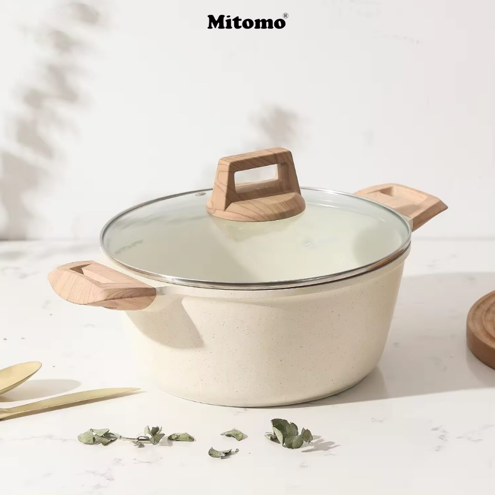 Bộ nồi vân đá chóng dính cao cấp 4 món Mitomo, đúc nguyên khối, nấu trên mọi loại bếp - Hàng chính hãng