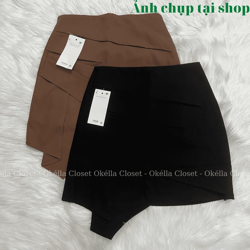 Chân váy A cách điệu vạt chéo bên hông, chân váy nữ dáng ngắn cạp cao 2 màu nâu đen Okella CV009