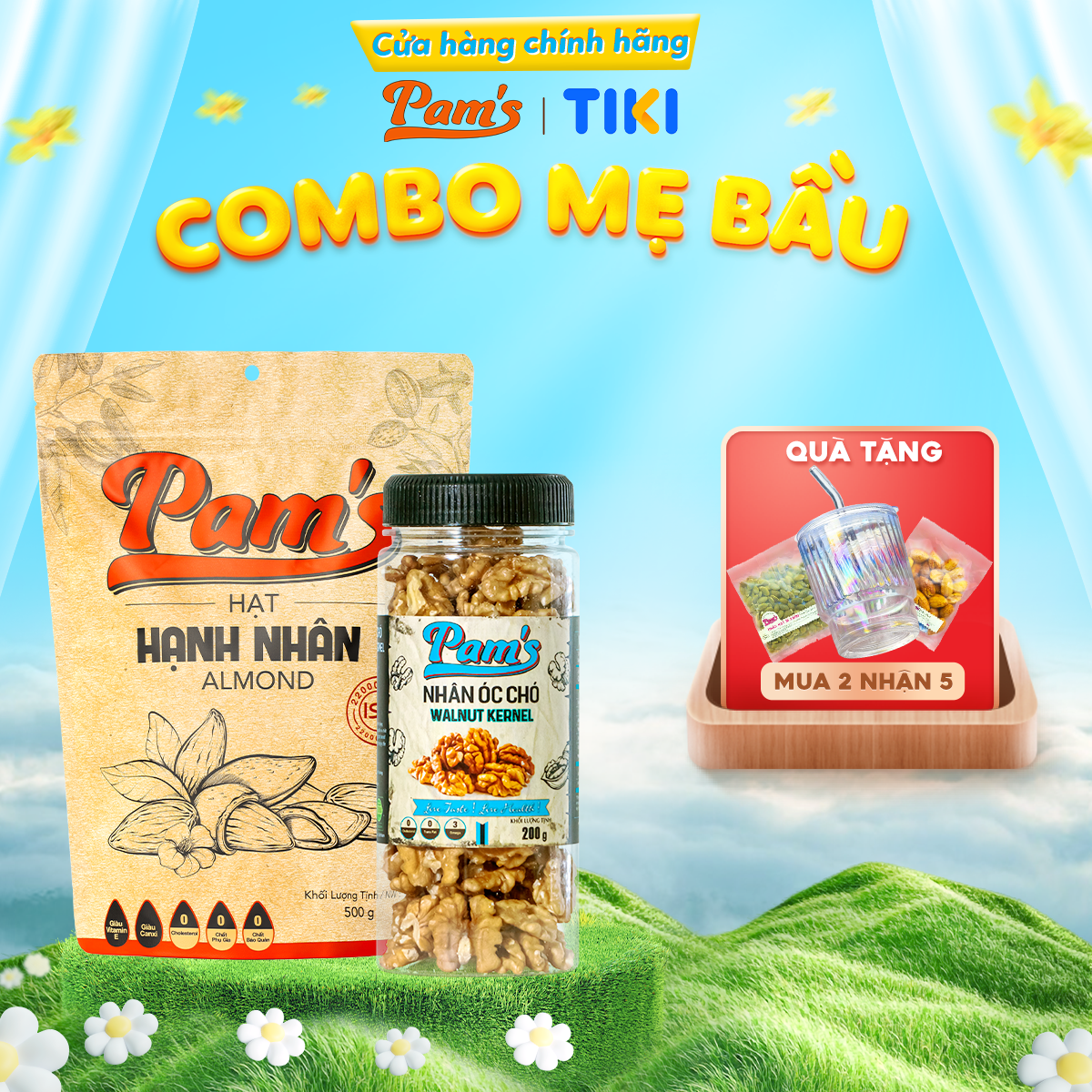 Combo Mẹ Bầu – Hạnh Nhân Mỹ  Nhân Óc Chó Chile Pams – Rang Chín Béo Bùi, Ngọt Ngào – 700g